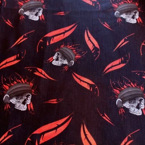 Tissu têtes de mort et plumes rouges 50x70cm
