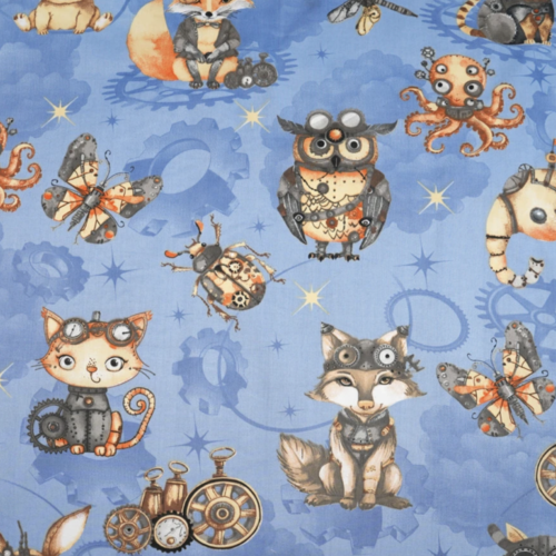 Tissu enfant animaux mécaniques bleu 50x80cm