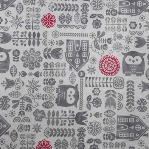 Tissu ameublement hiboux taupe et rouge 55x70cm