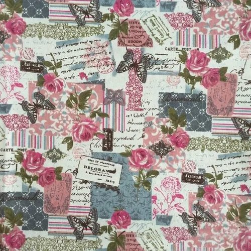 Tissu ameublement lin roses et papillons 50x79 cm