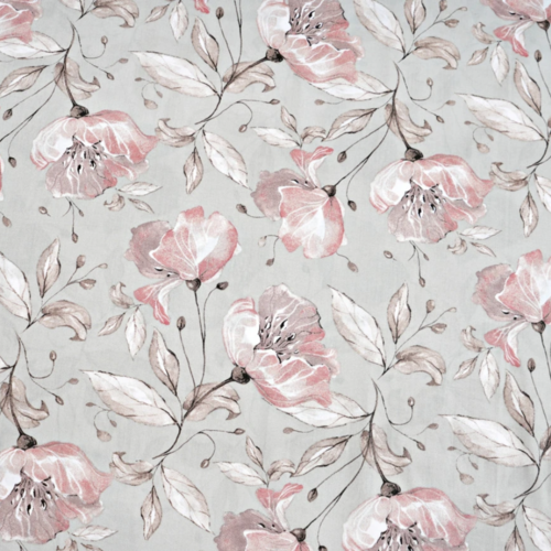 Tissu coton fleurs gris et rose  50x80cm