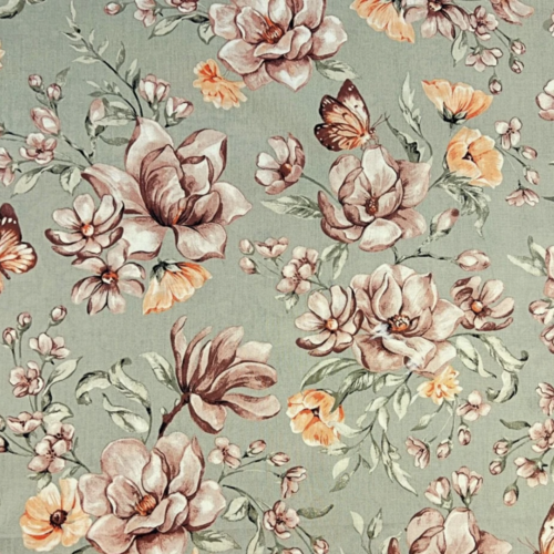 Tissu coton grandes fleurs vert et beige 50x80 cm