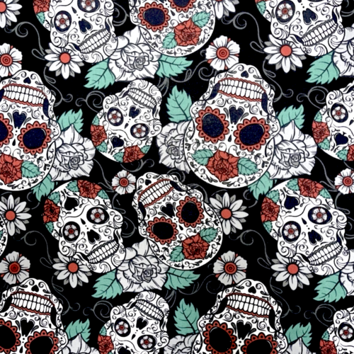 Tissu têtes de mort et fleurs 52x70cm