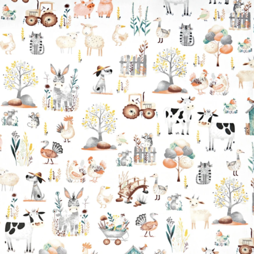 Tissu enfant animaux de la ferme blanc 50x80cm