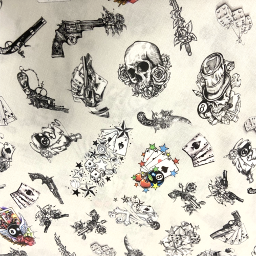 Tissu têtes de mort et jeux de cartes 50x70cm