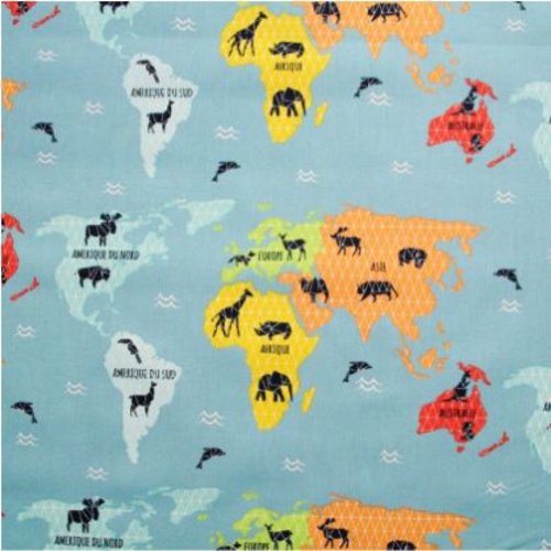 Tissu animaux et carte du monde 50x80 cm