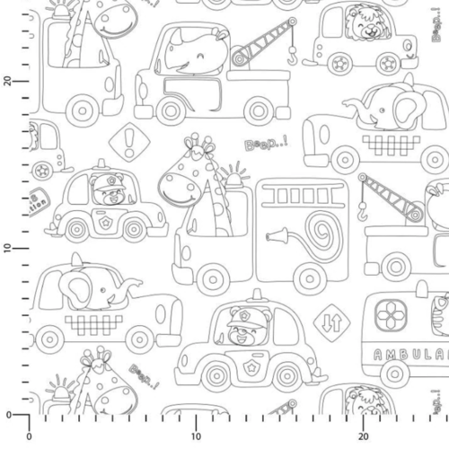 Tissu à colorier camions de pompiers et voitures 50x70 cm