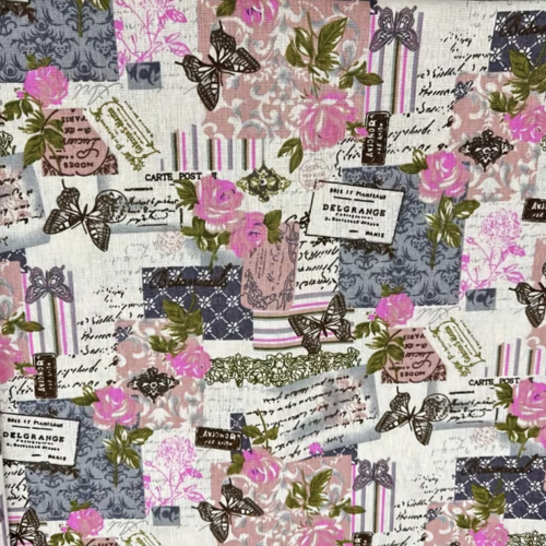 Tissu ameublement lin roses et papillons 50x70 cm