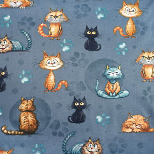 Tissu coton chats gris bleuté 50x80 cm