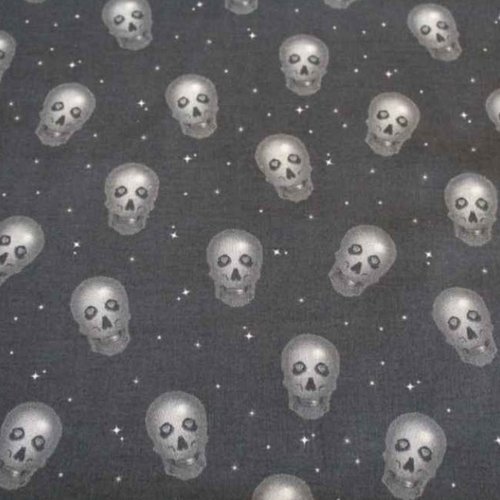Tissu têtes de mort et étoiles gris 48x70cm