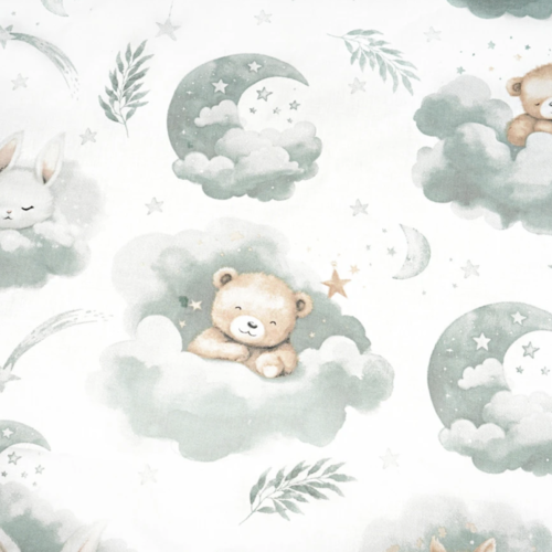 Tissu enfant ours et lapin vert sauge 50x80 cm