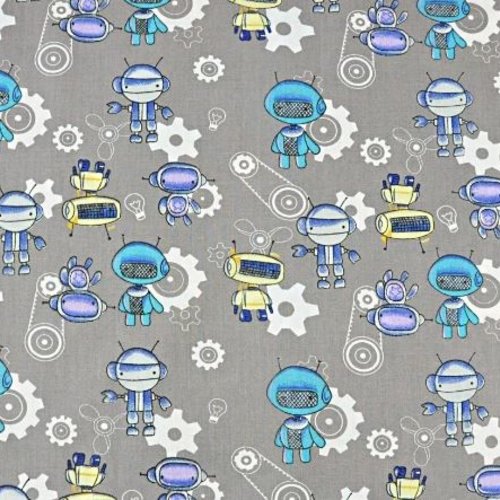 Tissu petits robots gris 50x80 cm