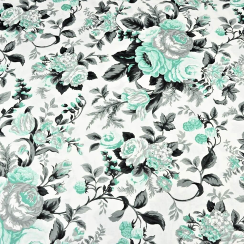 Tissu grandes fleurs menthe et gris 50x80 cm