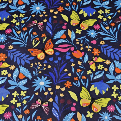 Tissu papillons et fleurs multicolores 50x80 cm