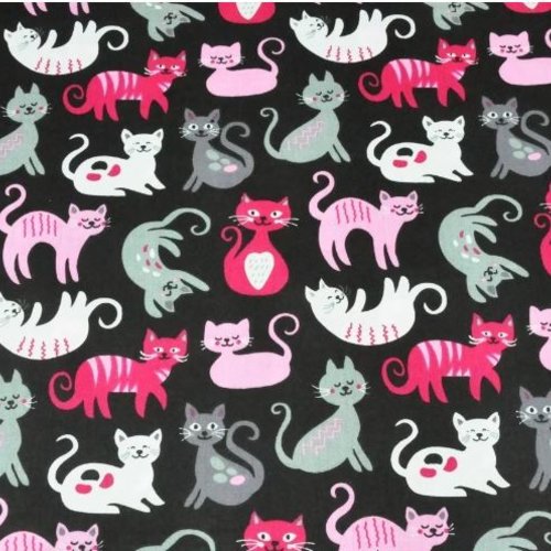 Tissu coton chats noir et rose 50x80 cm