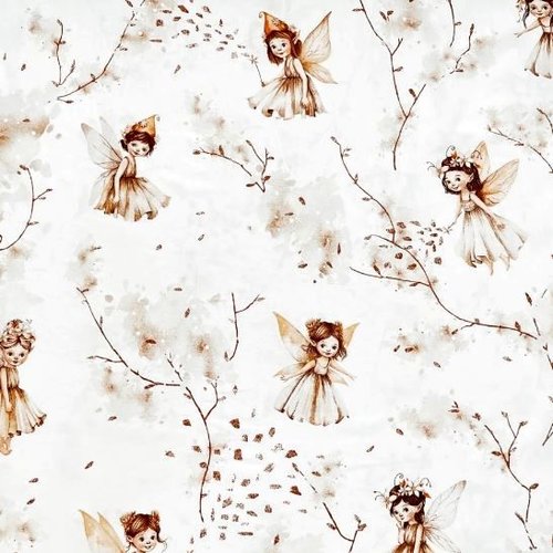 Tissu petites fées marron et blanc 80x50 cm