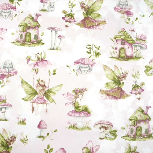 Tissu petites fées rose et vert 50x80 cm