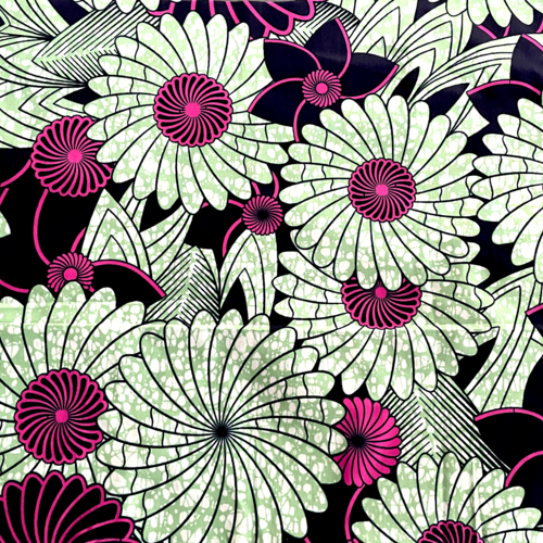 Tissu wax fleurs rose et vert  50x55 cm