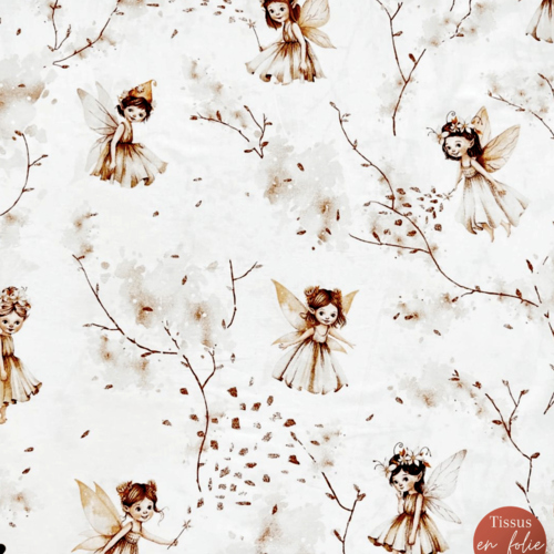 Tissu petites fées marron et blanc 80x50 cm