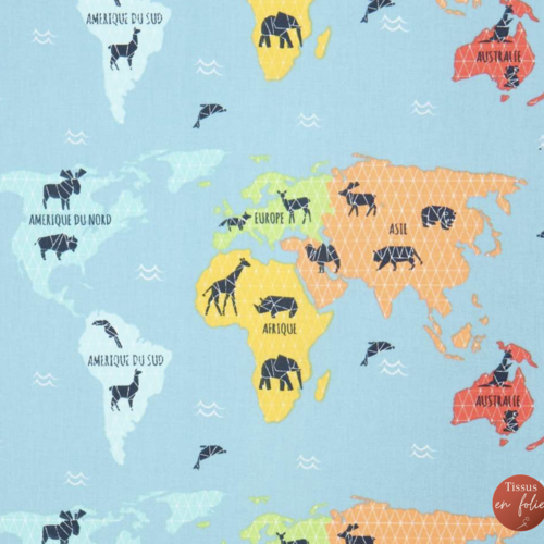 Tissu animaux et carte du monde 50x80 cm