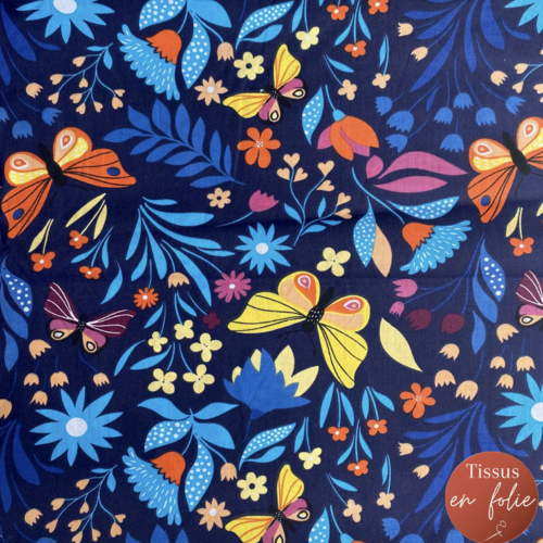 Tissu papillons et fleurs multicolores 50x80 cm