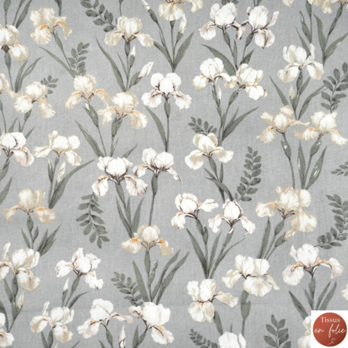 Tissu fleurs iris gris et beige 50x80 cm