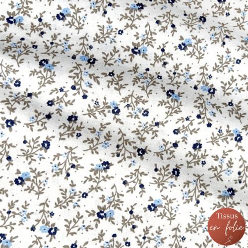 Tissu fleurs liberty bleu et beige 50x80 cm
