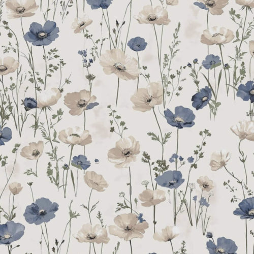 Tissu fleurs coquelicots beiges et bleues 50x80 cm