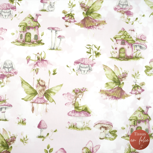 Tissu petites fées rose et vert 50x80 cm
