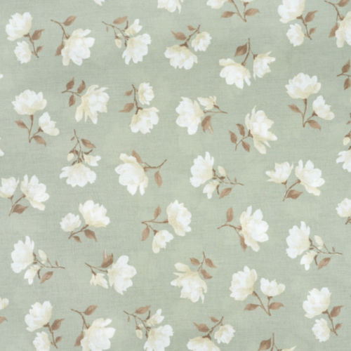 Tissu fleurs magnolias vert sauge et beige 50x80 cm