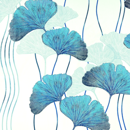 Tissu feuilles de ginkgo bleu et turquoise 50x80cm
