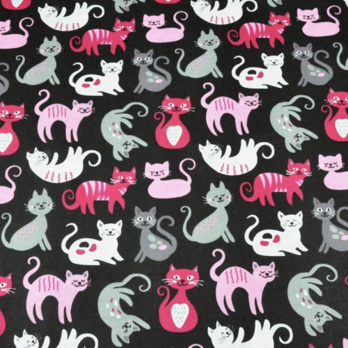 Tissu coton chats noir et rose 50x80 cm