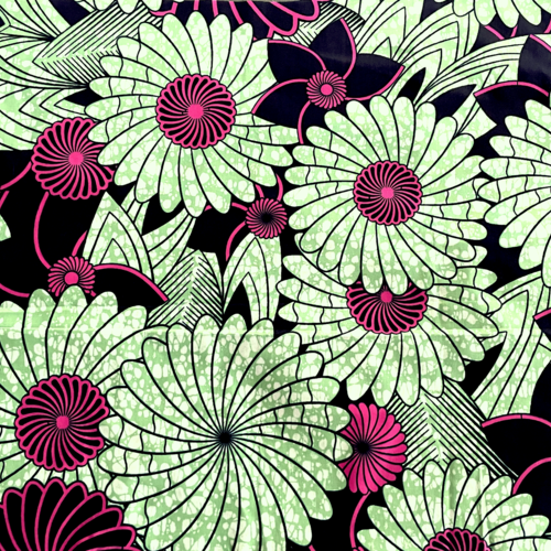Tissu wax fleurs rose et vert  50x55 cm