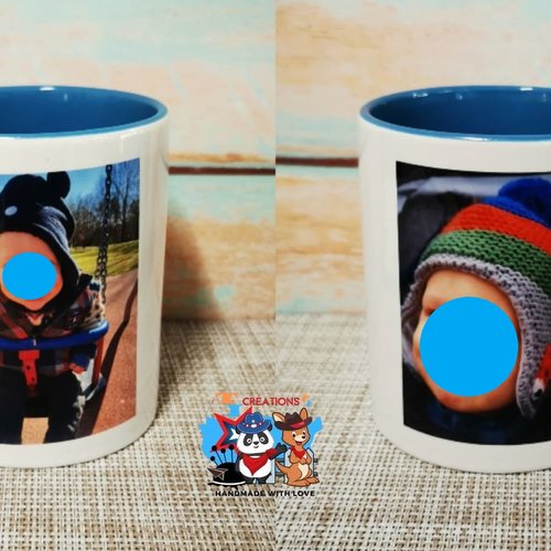 Mug bicolore bleu - photos d'un enfant