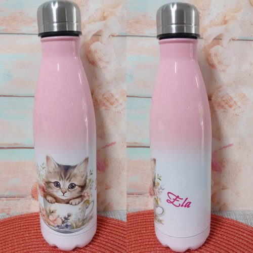 Bouteille isotherme rose - chaton