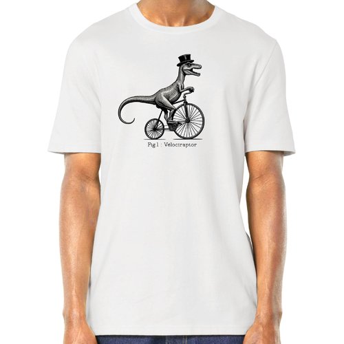Vélociraptor - t-shirt en coton bio - un velociraptor qui fait du vélo