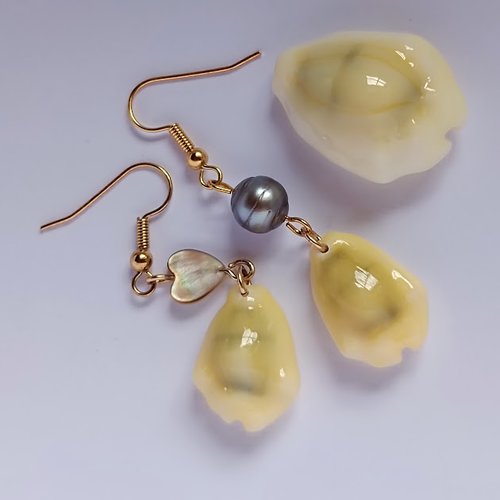 Boucles d'oreilles avec petite perle ronde cerclée de tahiti, nacre et coquillages patupatiki,
