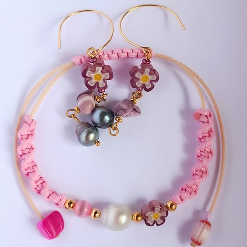 Parure bijoux été fleurs de verre mauves – perle de tahiti – acier inoxydable doré à l’or 18k – collection fleurie printemps ete