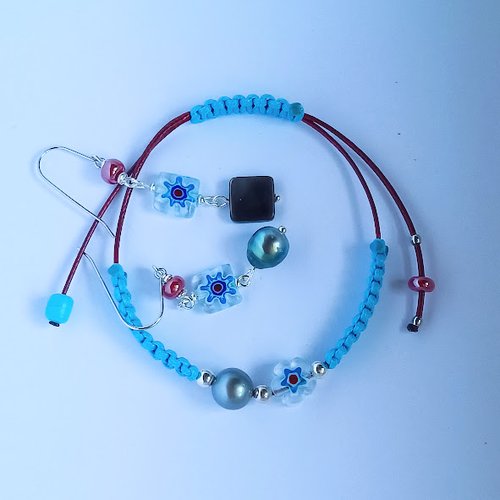 Parure perles de tahiti rouge et bleu turquoise en argent 925, nacre et rocailles rouge