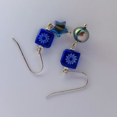 Collection fleurie  - parure perles de tahiti, fleurs bleu marine et étoile de verre montée sur argent 925