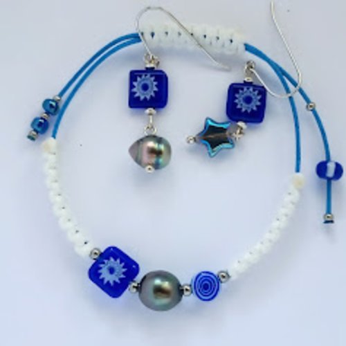 Parure perles de tahiti fleurie bleu marine, étoile de verre sur argent 925