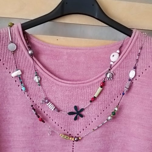 Collier long esprit polynésie, sautoir perles de tahiti, coquillages et breloques marines