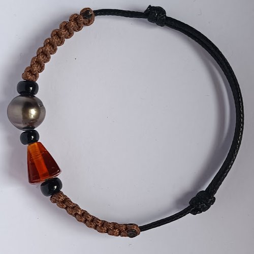 Bracelet homme artisanal réglable, perle de tahiti, perle de verre marron foncé et rocailles noires