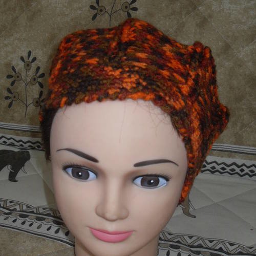 Bonnet laine chiné orange/marron au crochet tour tête 50 cm extensible