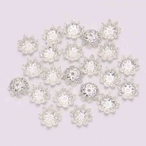 20 coupelles de perles  - calottes - 10mm - fleur lotus - argenté (cpffl10a)