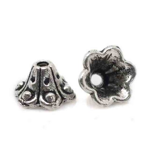 10 coupelles de perles  - calottes - 10x5mm - fleur antique - argent vieilli / tibetan silver (cpfa10ts)