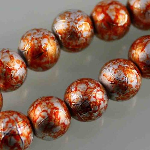 30 perles en verre filé - drawbench - moucheté/tacheté/marbré - 4mm - argenté/orange (pfdm04ao)