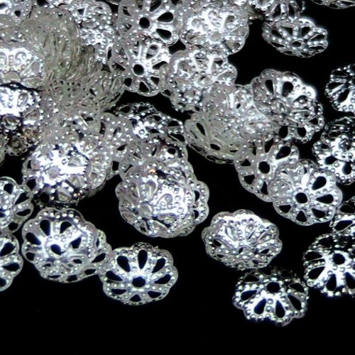 50 coupelles de perles - calottes - 7mm - fleur filigrane - argenté (cpff07a)