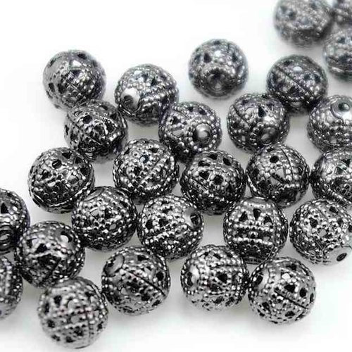 20 perles métalliques - intercalaires - rondes - filigranes - 4mm - gunmetal - noir anthracite (pmf04gm)