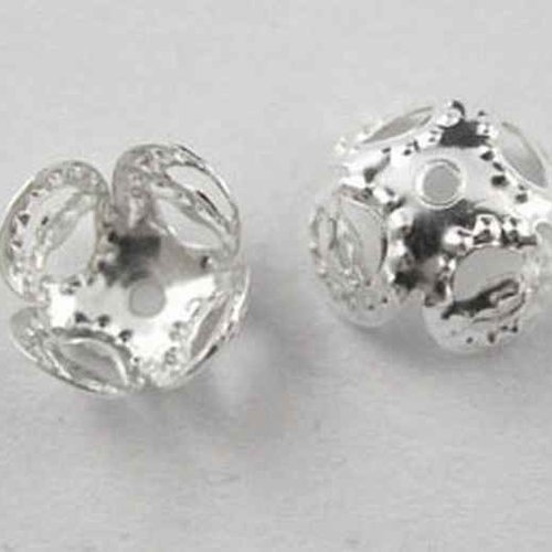 20 coupelles de perles  - calottes - 8x8mm - pétales de fleurs - argenté (cpff4p08a)